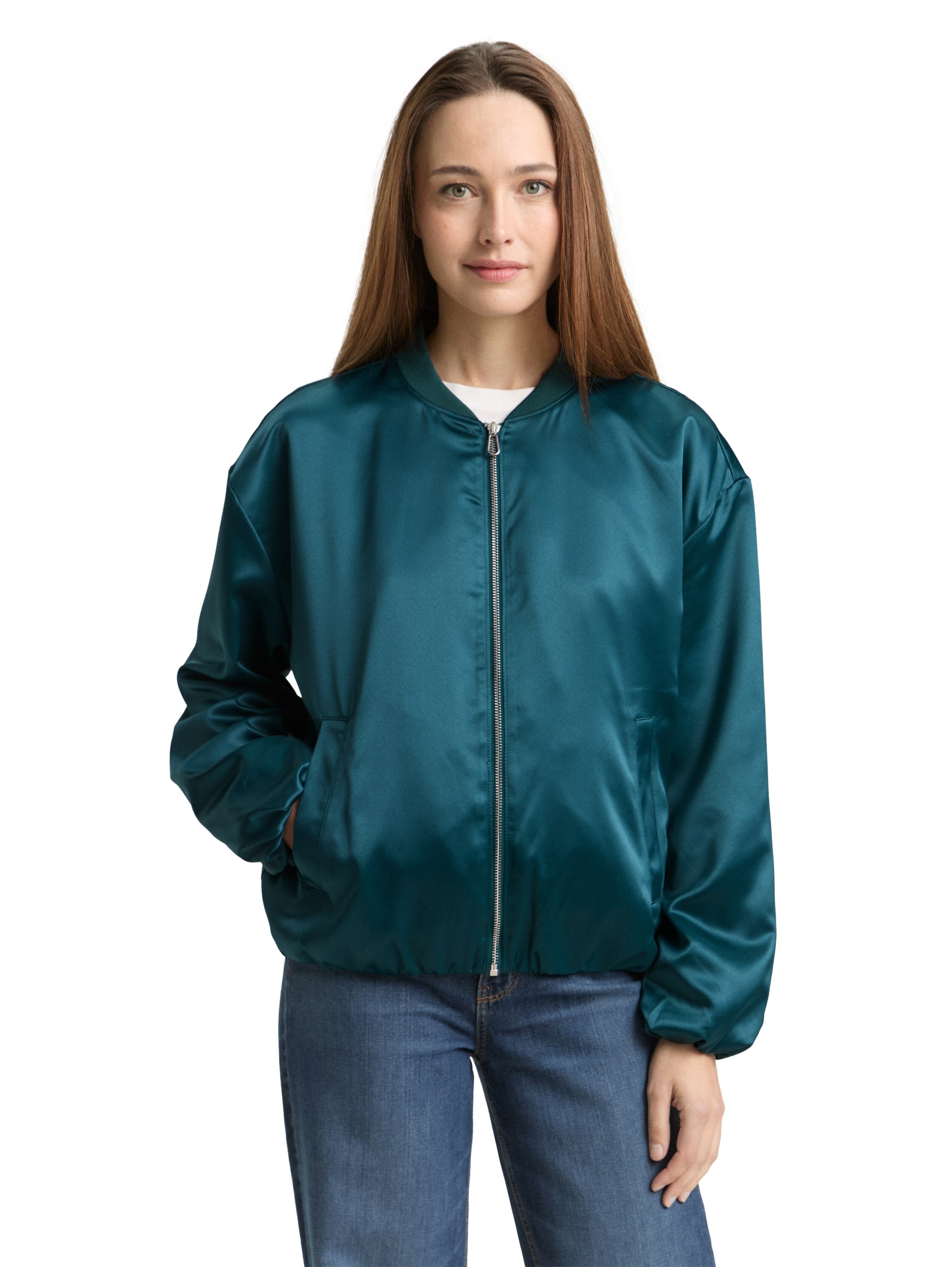 Blouson TOM TAILOR, Damen, Gr. S, deep meadow grün, Web, Obermaterial: 96% Polyester, 4% Elasthan. Futter: 100% Polyester, unifarben, regular fit normal, elastischer Bund, Jacken Blouson, mit Bomberkragen