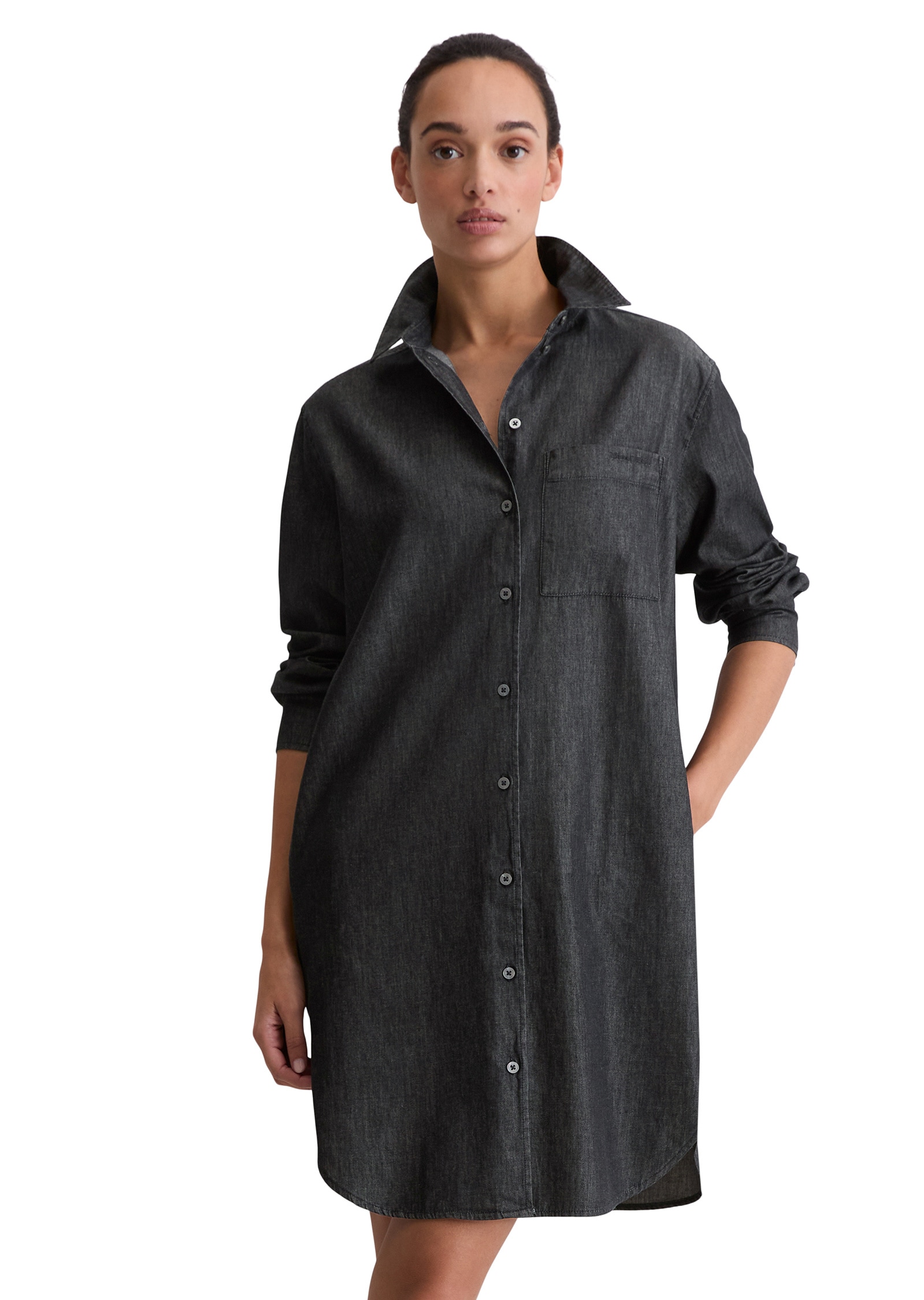 Hemdblusenkleid MARC O'POLO "aus Baumwoll-Chambray", Damen, Gr. 40, Normalgrößen, dunkelblau, Obermaterial: 100% Baumwolle, unifarben, regular fit kurz, Manschette, Kleider