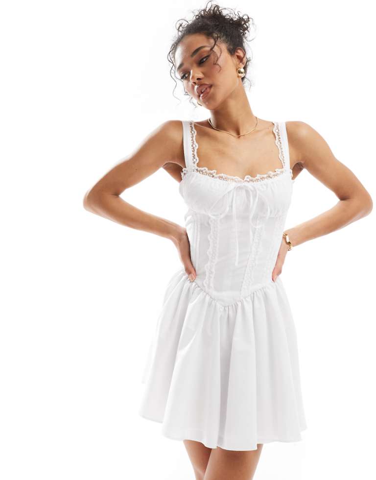 Miss Selfridge Womens Poplin Lace Trim Corset Mini Dress in White - Size 14 UK | Miss Selfridge Sale | Discount Designer Brands