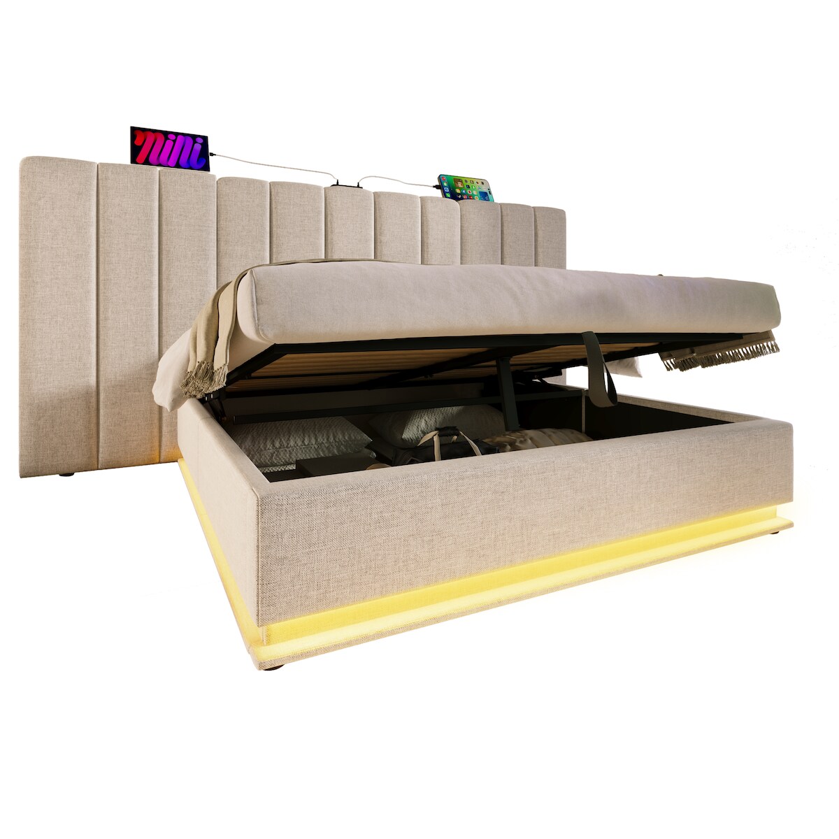 OKWISH Polsterbett 200x160 mit LED Beleuchtung 360° App Steuerung USB Type-C Ladefunktion hydraulischem Stauraum Leinen PU Leder stabil bis 200kg Beige Image