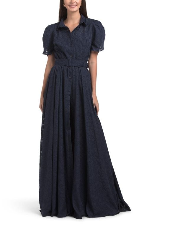 Short Sleeve Jacquard Shirt Gown For Polyester - Blue - Tj Maxx Dresses