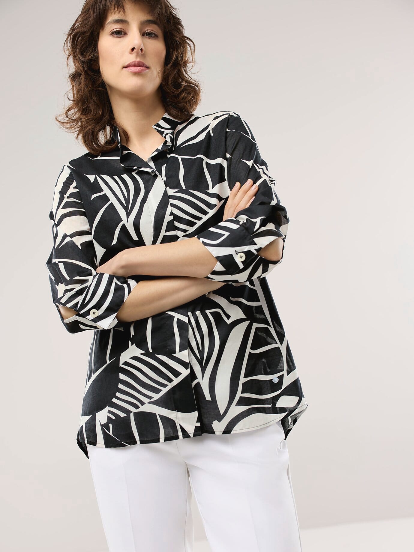 Walbusch Damen Tunika-Bluse mit Stehkragen Weiß noch offen: Muster