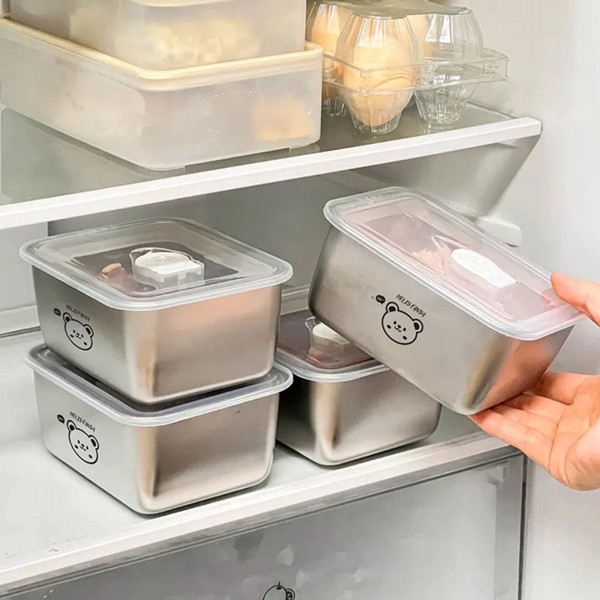 Conteneur de stockage des aliments en acier inoxydable 304, réfrigérateur de cuisine empilable, boîte de stockage des aliments pour la viande, boîte carrée scellée de conservation des aliments frais