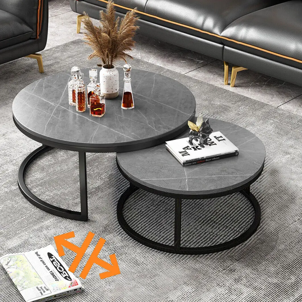 Moderne Nesting Runde Grau Marmor Top Kaffee Tisch Set Gesinterte Stein Tisch Metall Beine Hause Möbel