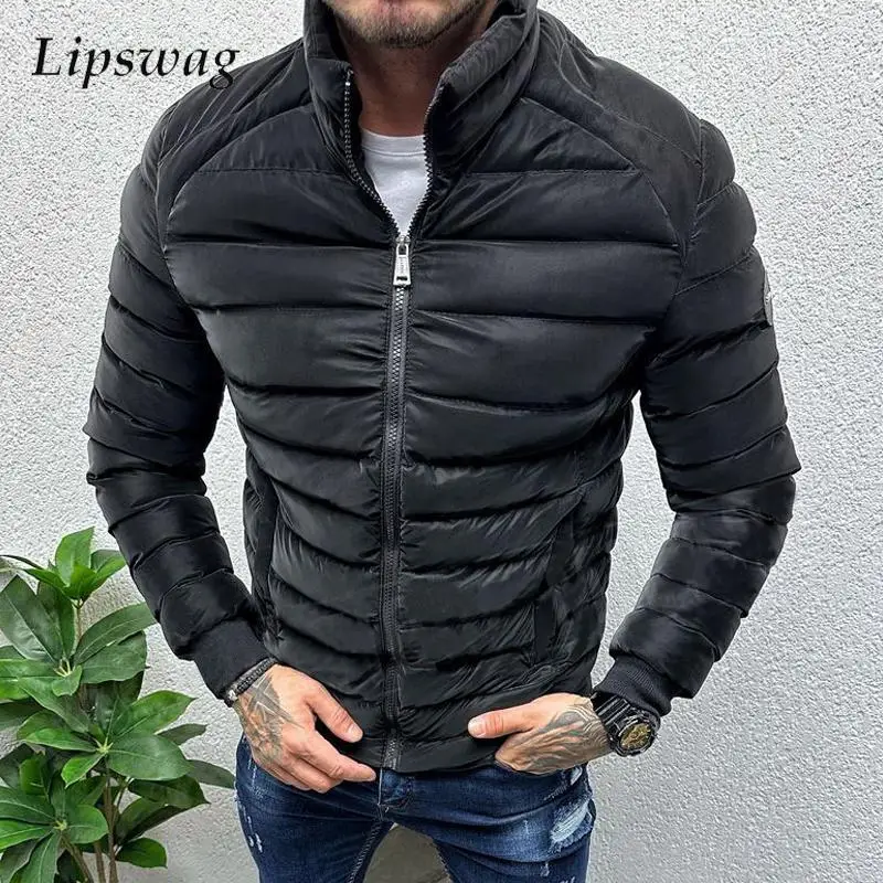 Herbst Winter warme Daunen jacke für Männer lässig reine Farbe schlanke Langarm Slim Fit Baumwolle gepolsterten Mantel Herren Freizeit Reiß verschluss Jacken Image