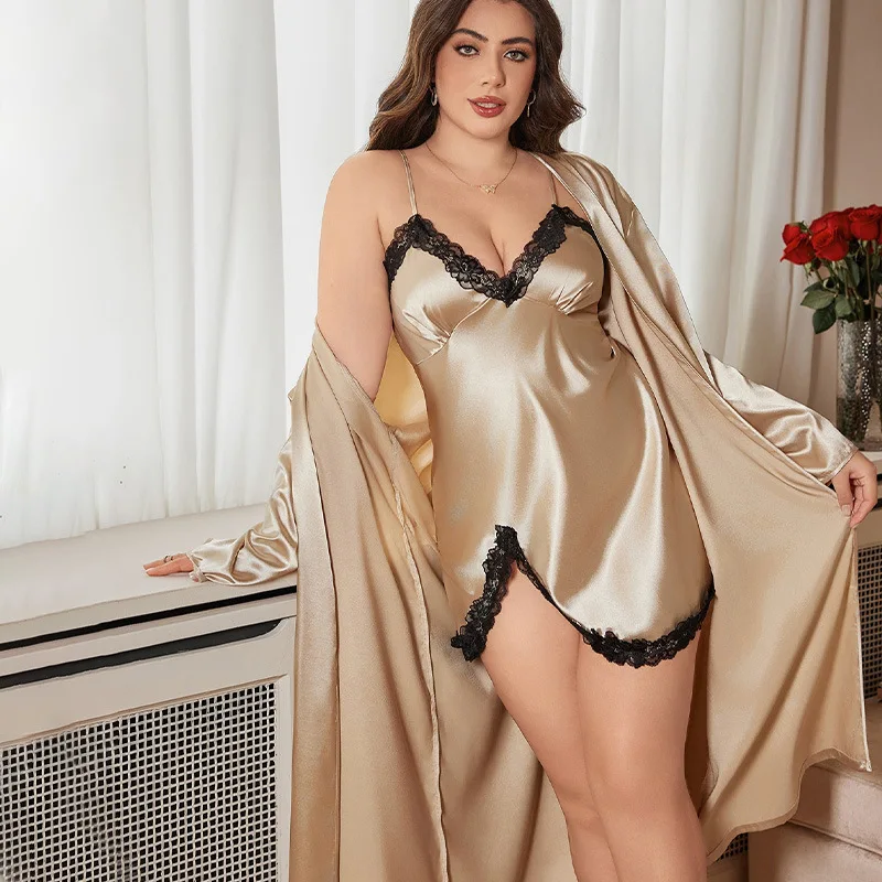 Plus Größe 5XL Seidige Satin Braut Hochzeit Robe Morgenmantel Weibliche 2PCS Nachtwäsche Set Hause Kleidung Sexy Spitze Nachthemd dessous Image