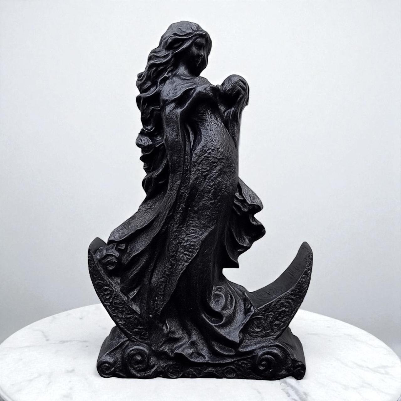 Statua in legno della dea della luna Selene nera, dea nordica Selene, statua in legno della statua pagana, statua Wicca, statua della luna, strega del