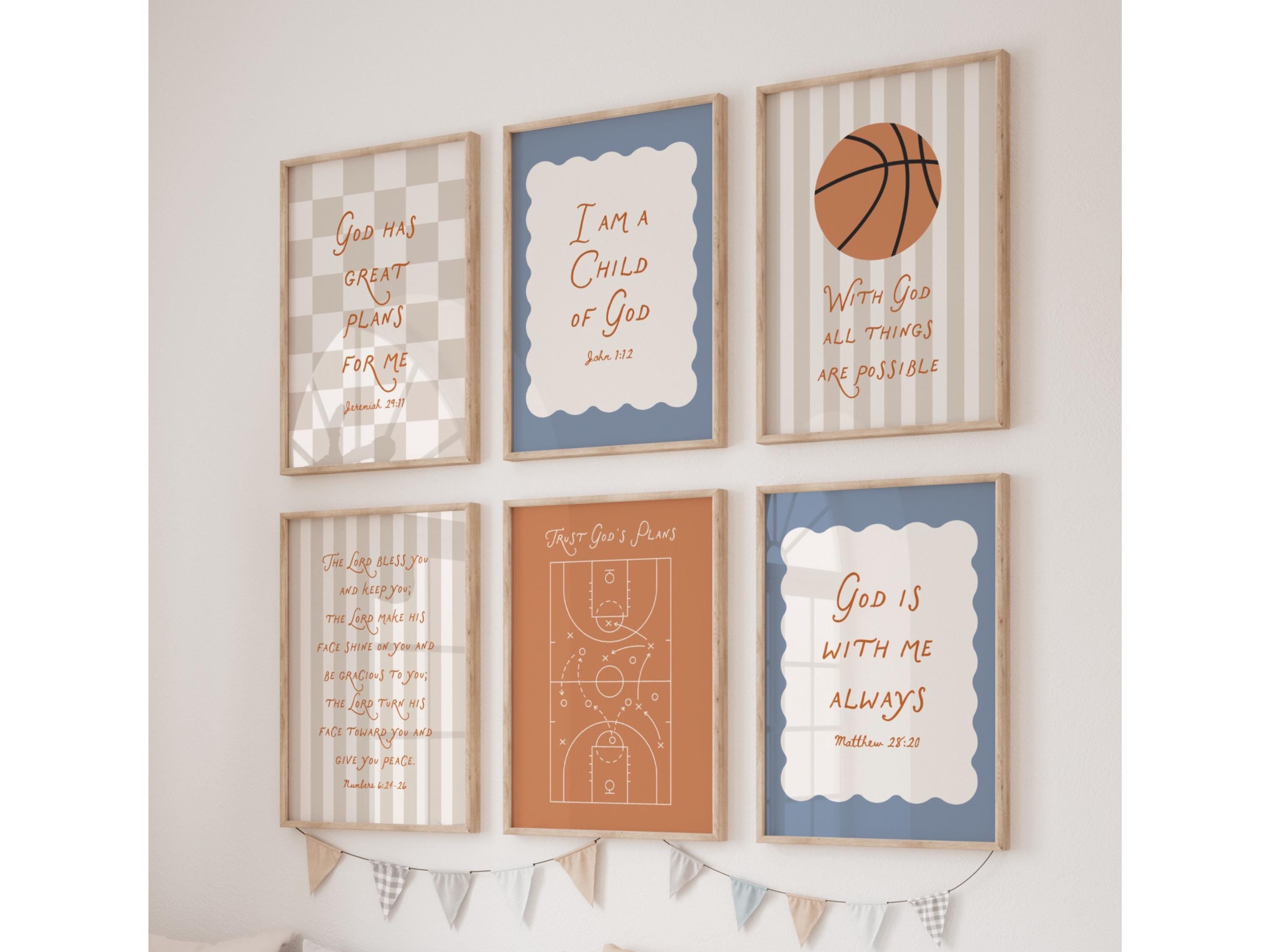 Set di 6 poster stampabili con versetti biblici sul basket cristiano per ragazzi, per la cameretta dei ragazzi, decorazioni per la cameretta dei bambi