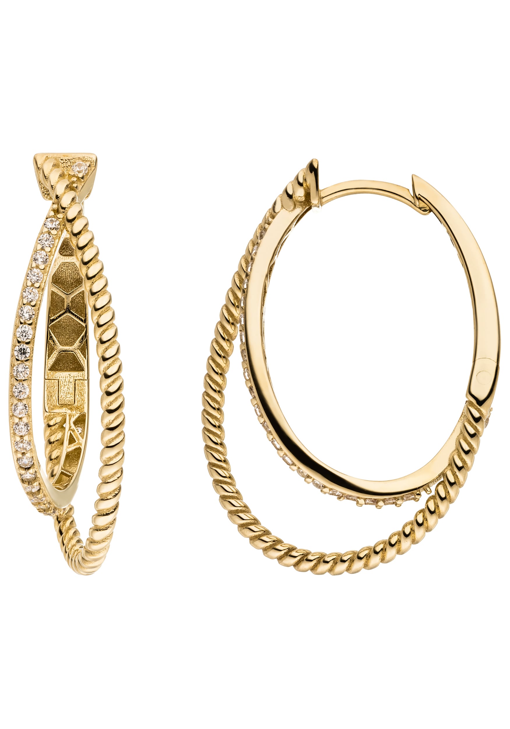 Paar Creolen JOBO "Ohrringe oval 27 mm", gelbgold 333, weiß, Ohrringe, Damen, Gelbgold 333, 8 Karat 333 Gold mit 44 Zirkonia