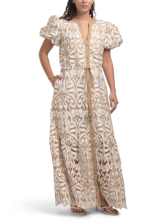 Puff Sleeve Embroidered Lace Maxi Dress For Cotton/Polyester - Natural - Tj Maxx Dresses