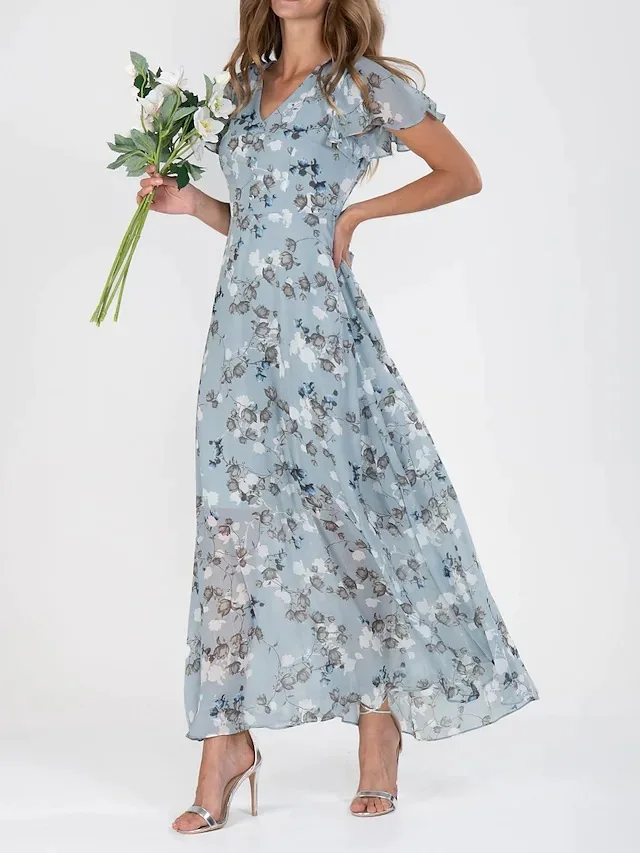 Abito chic da donna con stampa floreale vintage Abito estivo da donna elegante con scollo a V Maxi abiti da festa Abito lungo da spiaggia in chiffon casual Vestido