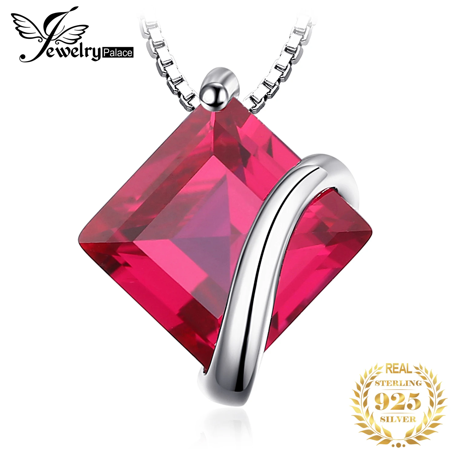 JewelryPalace Square creato rubino rosso collana con ciondolo in argento Sterling 925 pietre preziose collana girocollo senza catena