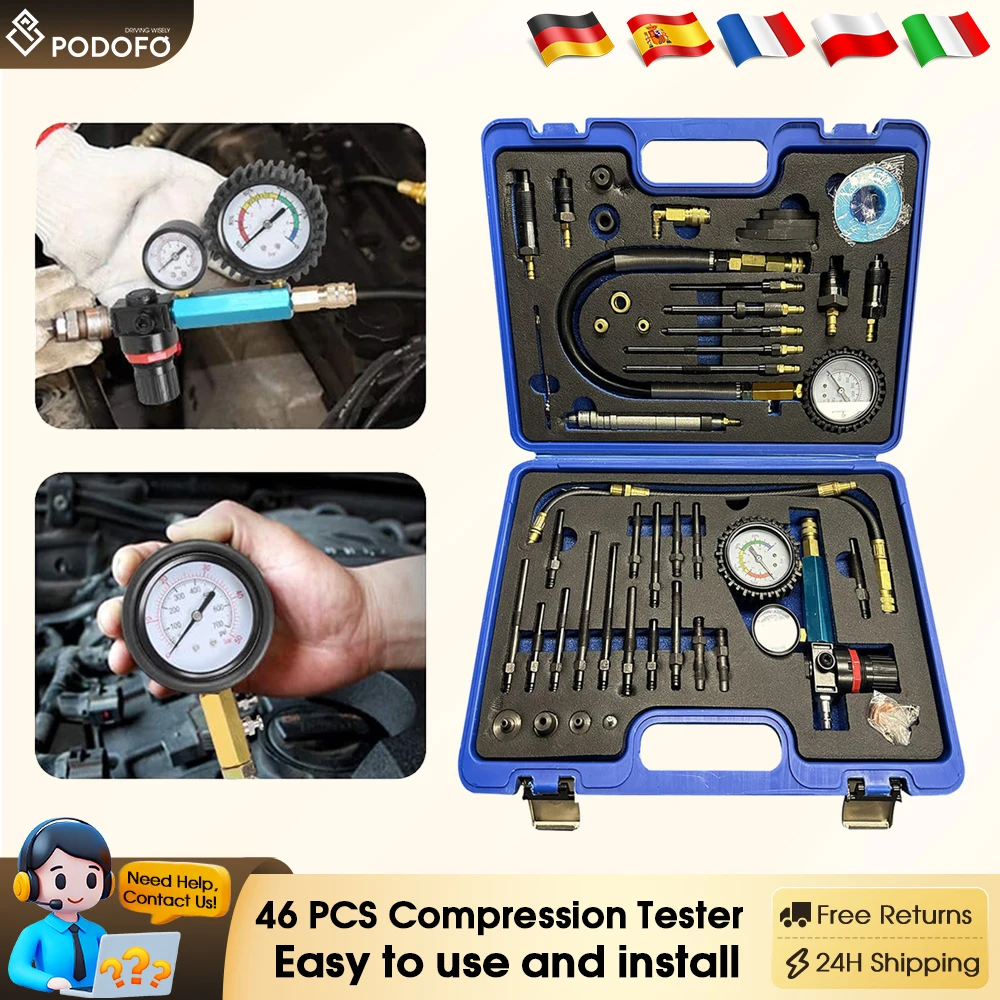 Testeur de perte de pression Podofo 46 pièces, testeur de compression pour moteurs essence et diesel, voitures, camions avec moteurs diesel et essence