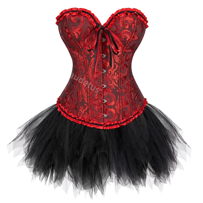 Korsett Kleid Kostüm Tutu Skrits Set mit Spitze Bustier Kostüm Party Sexy Burlesque Damen Outfit Plus Size Gothic Halloween Rot