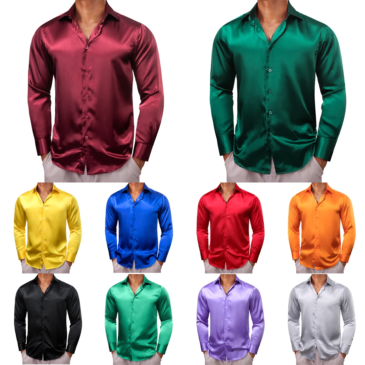 Barry Wang 30 Farben Herrenhemden Langarm Einfarbig Satin Rot Blau Grün Gelb Gold Lila Silber Herrenbekleidung Casual