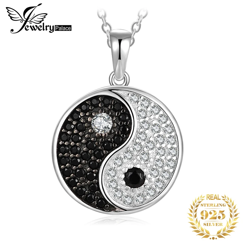JewelryPalace Tai Chi Yin Yang 925 Sterling Silber Anhänger Halskette Frauen Natürliche Schwarz Spinell Runde Edelstein Anhänger Keine Kette Image
