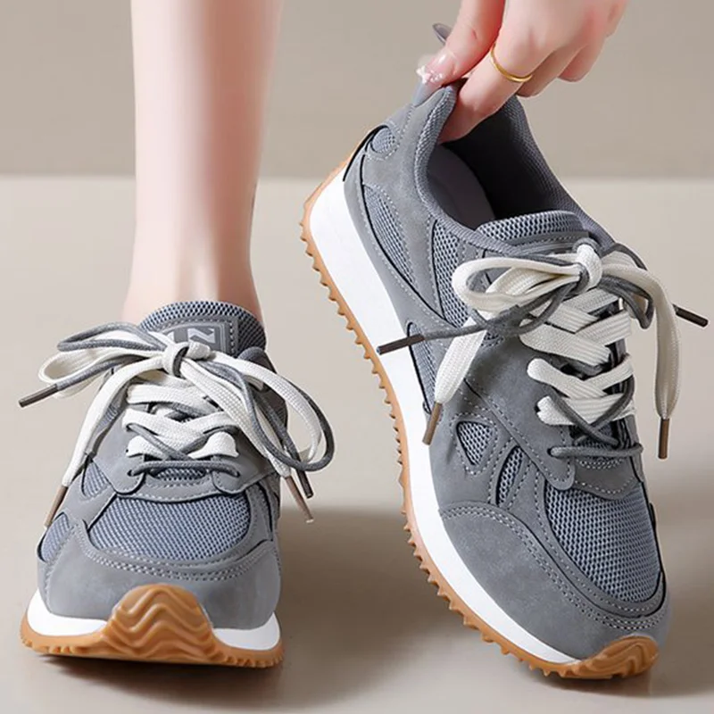 Grau Lace Up Turnschuhe für Frauen Atmungsaktive Mesh Sport Schuhe Frau Herbst Winter Nicht Slip Weiche Einlegesohle Vulkanisieren Schuhe Mujer