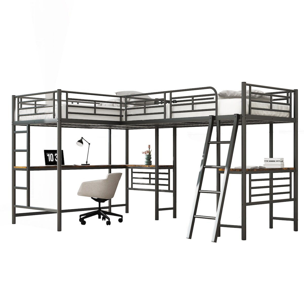 MODFU Hochbett 90x200 mit Tisch, Doppeltreppe, hohem Geländer, platzsparend, Metallrahmen, MDF, modernes Jugendzimmerbett, schwarz Image