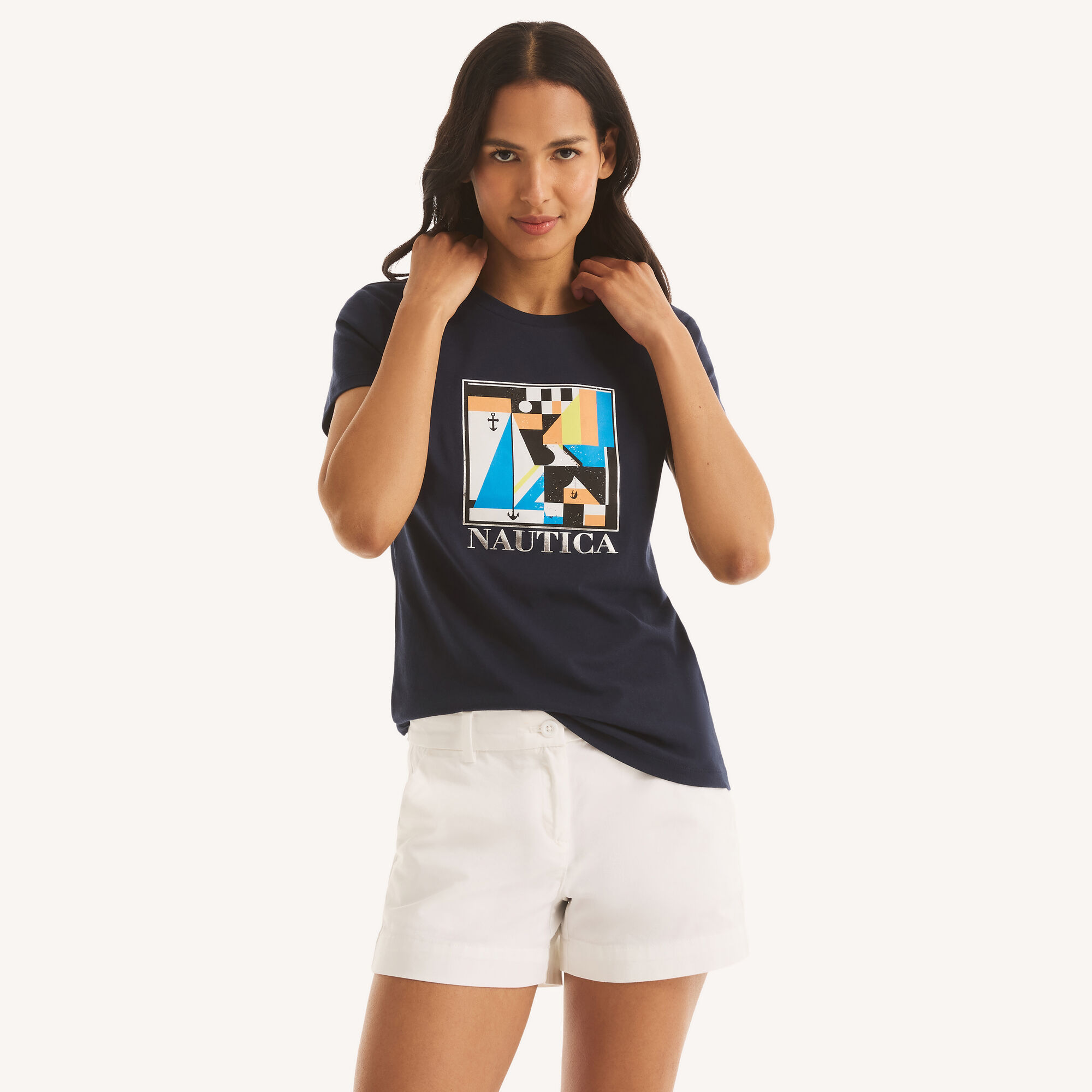 Nautica Women's Art Deco Foil Graphic T-Shirt 482 (Stellar Blue Heather), XXL