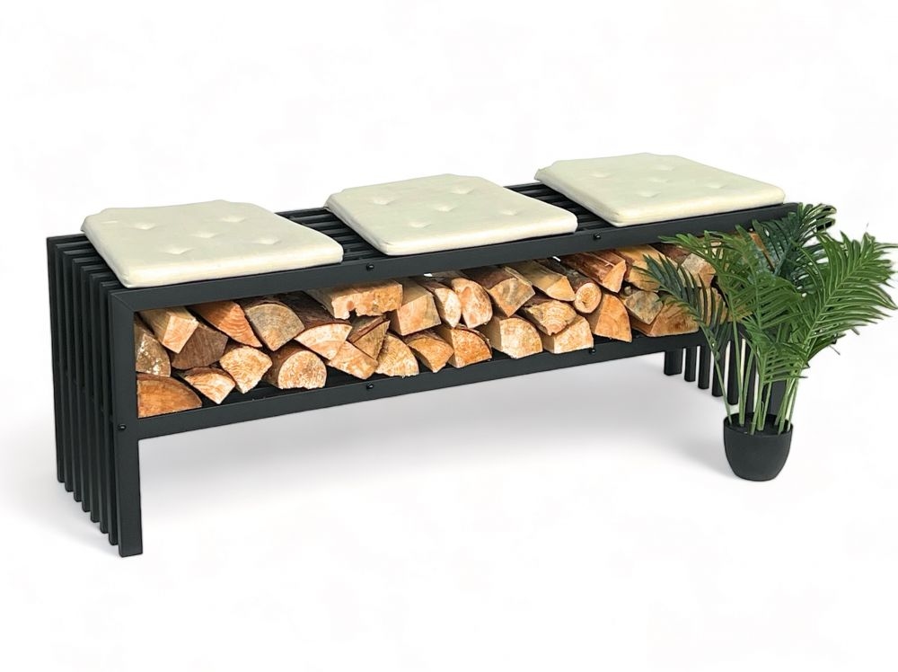 DanDiBo Kaminholzregal Innen mit Sitzbank Metall Schwarz Kaminholzständer mit Bank 96497 Brennholzregal 150 cm Kaminholzhalter Image