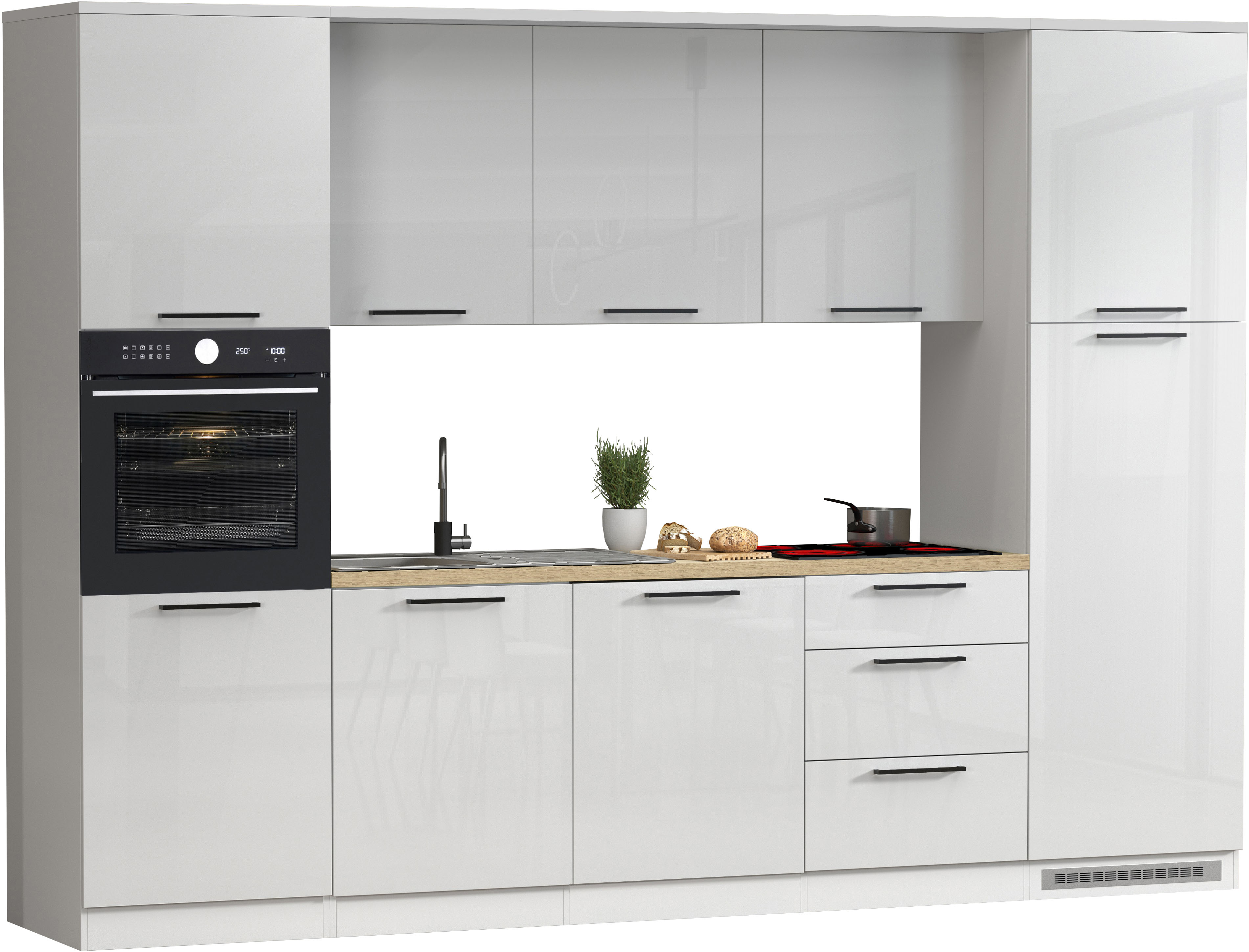 Küchenzeile KOCHSTATION "KS-Luna, Einbauküche, Zeilenküche, Küchenblock", küche: weiß, front: weiß hochglanz, korpus: weiß matt, arbeitsplatte: eiche chopinfarben, B:300cm H:214,5cm T:60cm, Komplettküchen-Sets, Küchenzeile, Breite 300 cm, wahlweise...