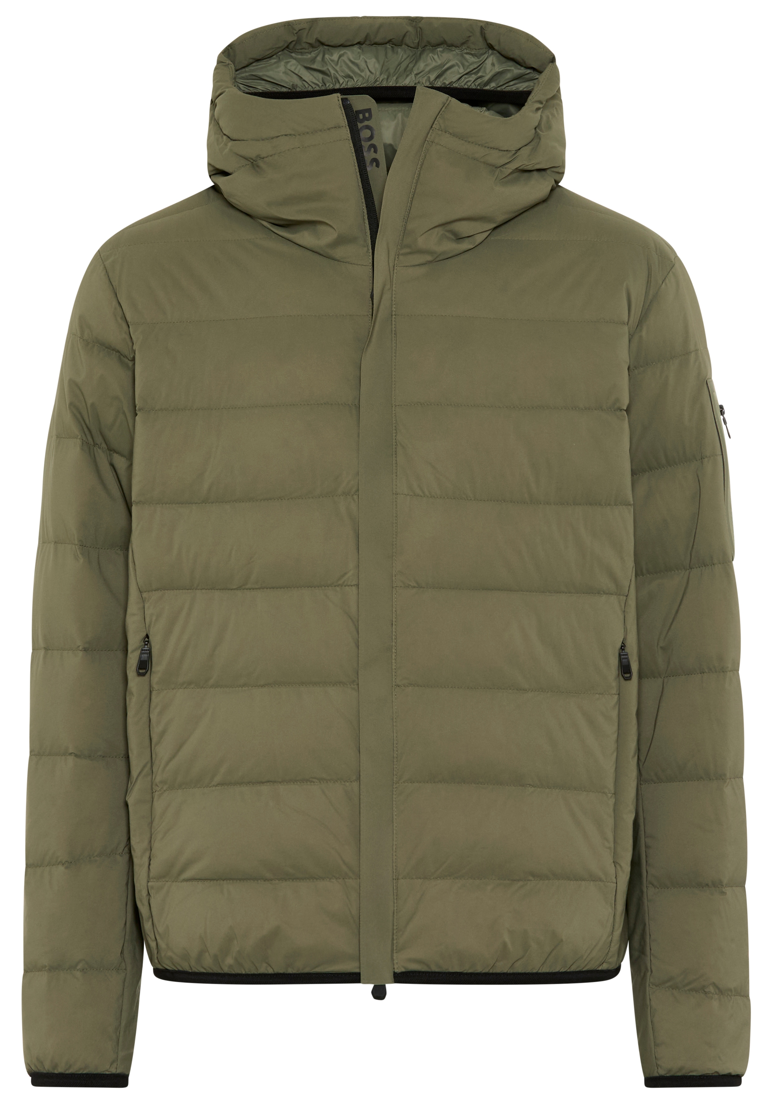 Daunenjacke BOSS GREEN "OW Riplite JT HD", Herren, Gr. L, schwarz beige257, Web, Obermaterial: 100% Polyamid, regular fit normal, hoch geschlossener Ausschnitt, elastischer Bund, Jacken Daunenjacke, abenehmbare Kapuze wasserabweisend regular fit,...