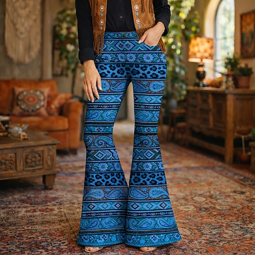 Retro Vintage Boho 1970er Hose Schlaghosen Hippie Disco Hohe Taille Blumen Kostüm Damen Maskerade Musikfestival Party Pride Parade Erwachsene Hose Image