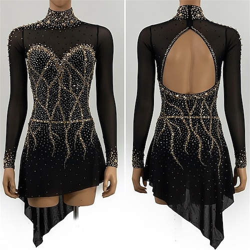 Eiskunstlaufkleid Damen Eislaufen Kleid Schwarz Patchwork Offener Rücken Dehnbar Training Wettbewerb Eiskunstlaufkleidung Klassisch Kristall / Strass Langarm Eislaufen Eiskundstlauf Image