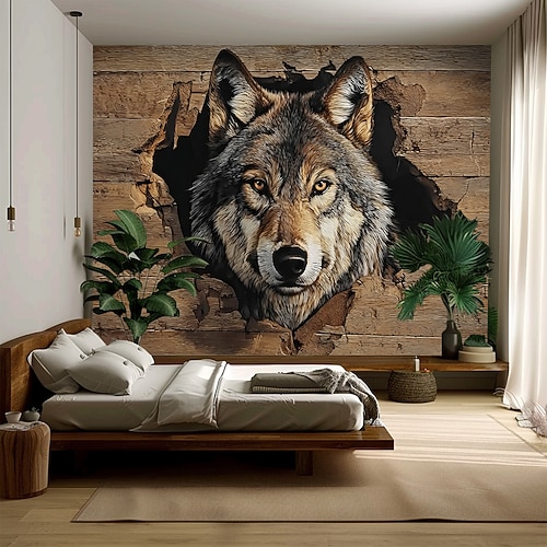 3D-Wolfs-Wandteppich, realistischer Timberwolf, der aus dem Holz auftaucht, große Stoffposter-Wanddekoration für Wohnzimmer, Schlafzimmer, Männerhöhle Image