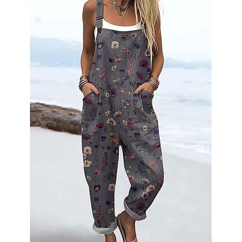 Damen Overall Aktiv Blumen Ärmellos Ärmellos Gerade Quadrathals Tasche Druck Täglich Urlaub Lässiger Schnitt Blau Weiß Gelb Sommer Image