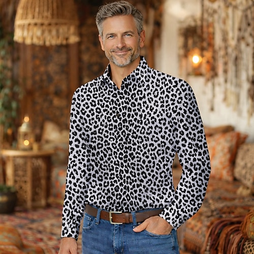 Retro Vintage 1970er Hemd Aloha-Hemd langarm Hippie Leopard Kostüm Herren Maskerade Musikfestival Party Alltagskleidung Erwachsene Hemd Image
