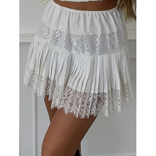 Damen Spitzenrock Vintage Mode Lässig Mini Hohe Taille Röcke Gerafft Spitze Plissiert Mikroelastisch Täglich Club Schwarz Weiß Sommer Image