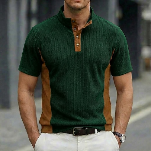 Herren Cordhemd Henley Hemd T-Shirt Kurzarm Einfarbig Einfach Texture Mode Designer Lässig Knöpfe Stehkragen Henley Lässig Täglich Outdoor Sommer Frühling Herbst Dunkel Braun Schwarz Weiß Henley Image