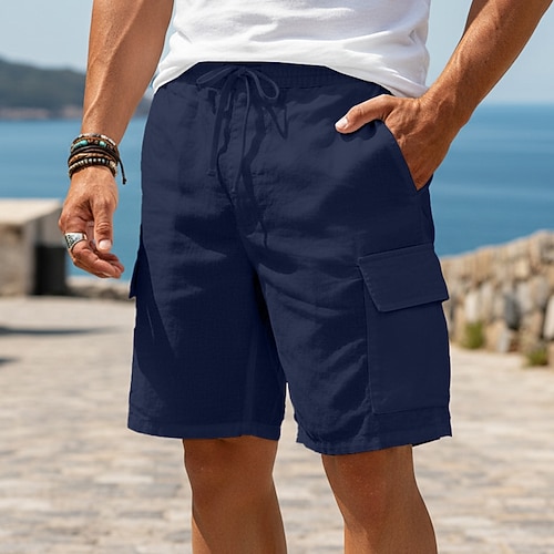 Herren Cargo-Shorts Leinenshorts Sommershorts Strandshorts Kordelzug Elastischer Bund Mehrere Taschen Einfach Komfort Leicht Knielang Outdoor Strand Ferien Urlaub Klassicher Stil Blau Schwarz Image