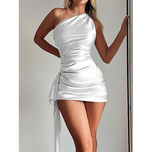 Damen Minikleid Satinkleid Partykleid Figurbetontes Kleid Mode Modern Outdoor Urlaub Party Normale Passform Einfach Ärmellos Ein-Schulter Blau Schwarz Weiß Rote Sommer Frühling Image