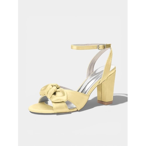 Gelbe Damensandalen mit Schleife und Blockabsatz, elegante offene Schuhe für Hochzeitsgäste bei Trauungen im Freien Image
