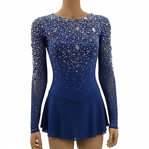 Eiskunstlauf Fleecejacke Eiskunstlaufkleid Damen Eislaufen Kleid Marineblau Patchwork Offener Rücken Hohe Elastizität Training Wettbewerb Eiskunstlaufkleidung Klassisch Kristall / Strass Langarm Image