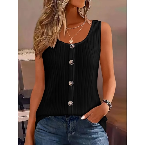 Damen Tank Top Knöpfe Einfarbig Mode Stilvoll Klassisch Ärmellos U-Ausschnitt Normale Oberteile Täglich Ausgehen Wochenende Blau Schwarz Weiß Wein Purpur Sommer Frühling Image