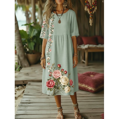 Damen Midikleid Kunstbaumwollleinen Boho-Kleid Shiftkleid Freizeitkleid Vintage Täglich Outdoor Strand Lässiger Schnitt Blumen Halbarm Rundhalsausschnitt Blau Rosa Orange Grün Sommer Frühling Image