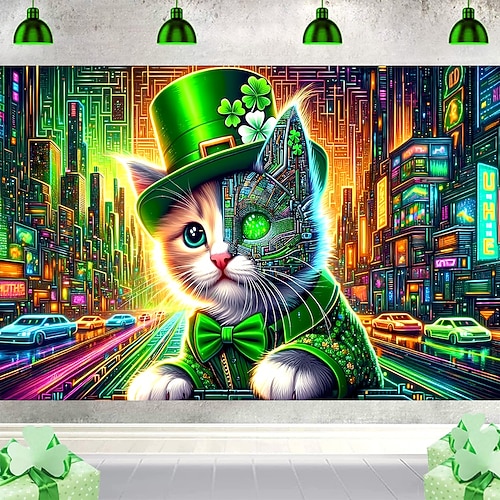 St. Patricks Day Tapisserie Banner Decke Katze Kleeblatt Niedlich Romantisch 3D Schlafzimmer Wohnzimmer Wohnheim Jugendzimmer Studentenwohnheim Wandveranda Wohndeko Image