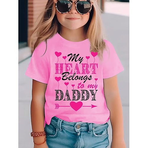 Mädchen 3D Herz Grafik Buchstabe T-Shirt Kurzarm 3D-Druck Sommer Frühling Sport Mode Streetwear Kinder 4-12 Jahre Rundhalsausschnitt Lässig Täglich Outdoor Normale Passform Image
