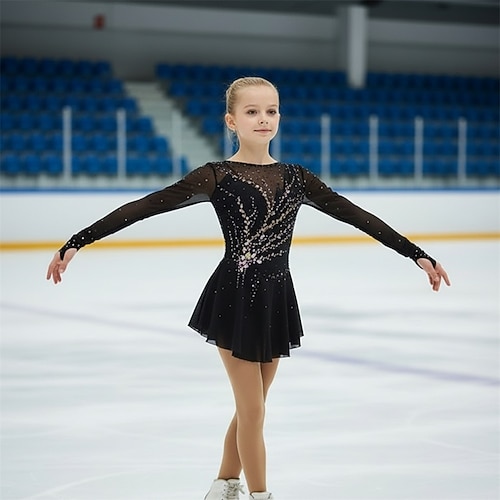 Eiskunstlaufkleid Damen Eislaufen Kleid Schwarz Patchwork Daumenloch Hohe Elastizität Training Wettbewerb Eiskunstlaufkleidung Klassisch Kristall / Strass Langarm Eislaufen Eiskundstlauf Image
