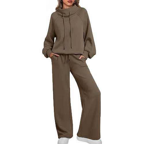 Damen Hosen-Sets Bolero-Oberteil Langarm Rollkragen Einfach Kordelzug Patchwork Mode Streetwear Lässig Täglich Outdoor Dunkelmarine Braun Grün Frühling Lässiger Schnitt Image