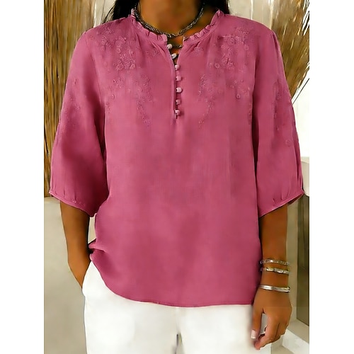 Damen Hemd Baumwoll-Leinen-Hemden Bluse Bestickt Knöpfe Einfach Stilvoll Klassisch Modern Langarm Rundhalsausschnitt Normale Oberteile Täglich Ferien Ausgehen Blau Schwarz Weiß Rosa Braun Sommer Image