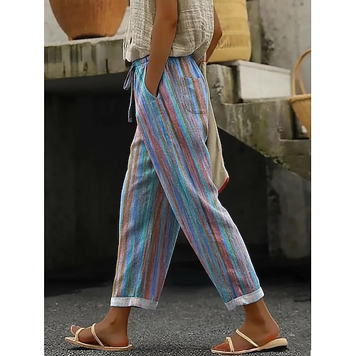 Frauen Leinenähnliche Slacks Lässige Volle Länge Knöchellang Natürlich Gestreift Geometrisches Taschen Druck Elastisches Zugband Design Bequem Komfortabel Bequem Unelastisch Urlaub Formal Straße Blau Image