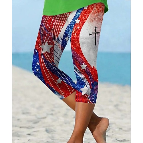 Unabhängigkeitstag Patriotisches Shirt Damen Capri-Hosen Leggings Urlaub Hawaii Stylische Capris Mittlere TaillePantsGrafik Abstrakt Komfort Dehnbar Urlaub Formal Straße Weiß Rot Slim Fit Image
