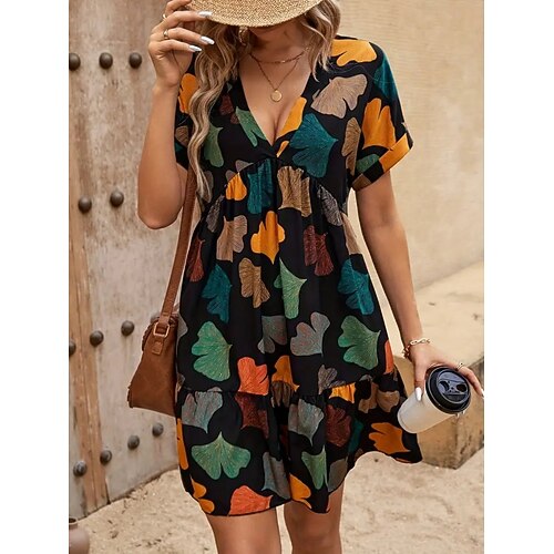 Damen Minikleid Freizeitkleid A Linie Kleid Blumenkleid Elegant Mode Modern Outdoor Urlaub Ausgehen Normale Passform Blumen Kurzarm V Ausschnitt Blau Schwarz Orange Sommer Frühling Image