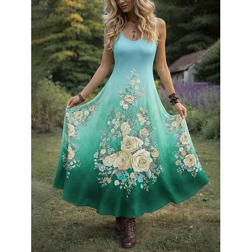 Damen Midikleid Freizeitkleid Schwingkleid Sommerkleid Boho-Kleid Vintage Strand Normale Passform Blumen Grafik Ärmellos Rundhalsausschnitt Rosa Purpur Orange Grün Sommer Frühling Image