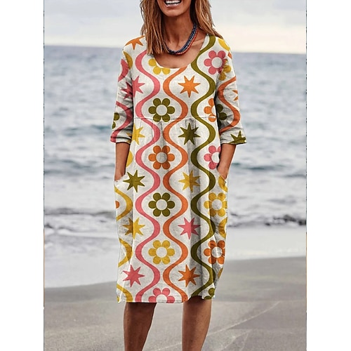 Frauen Mini Kleid Leinenähnlich Sommerkleid A-Linien Kleid Urlaub Lässig Strand Alltag Strand Urlaub Lockerer Sitz Floral Halbe Ärmel Rundhalsausschnitt Blau Hell Gelb Sommer Frühling Image