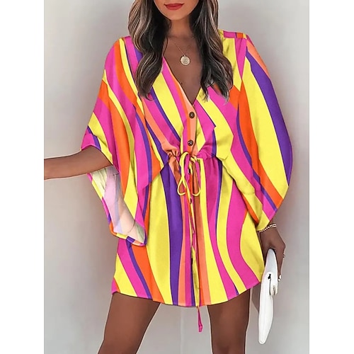 Damen Minikleid Freizeitkleid A Linie Kleid Mode Modern Täglich Strand Urlaub Lässiger Schnitt Blumen Tropisch Dreiviertelarm V Ausschnitt Blau Gelb Rosa Marineblau Sommer Frühling Image